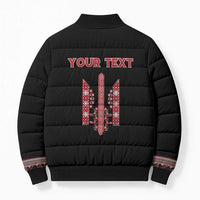 Personalized Ukrainian Trident Bomber Puffer Jacket Black Tryzub Vyshyvanka Pattern - Wonder Print Shop