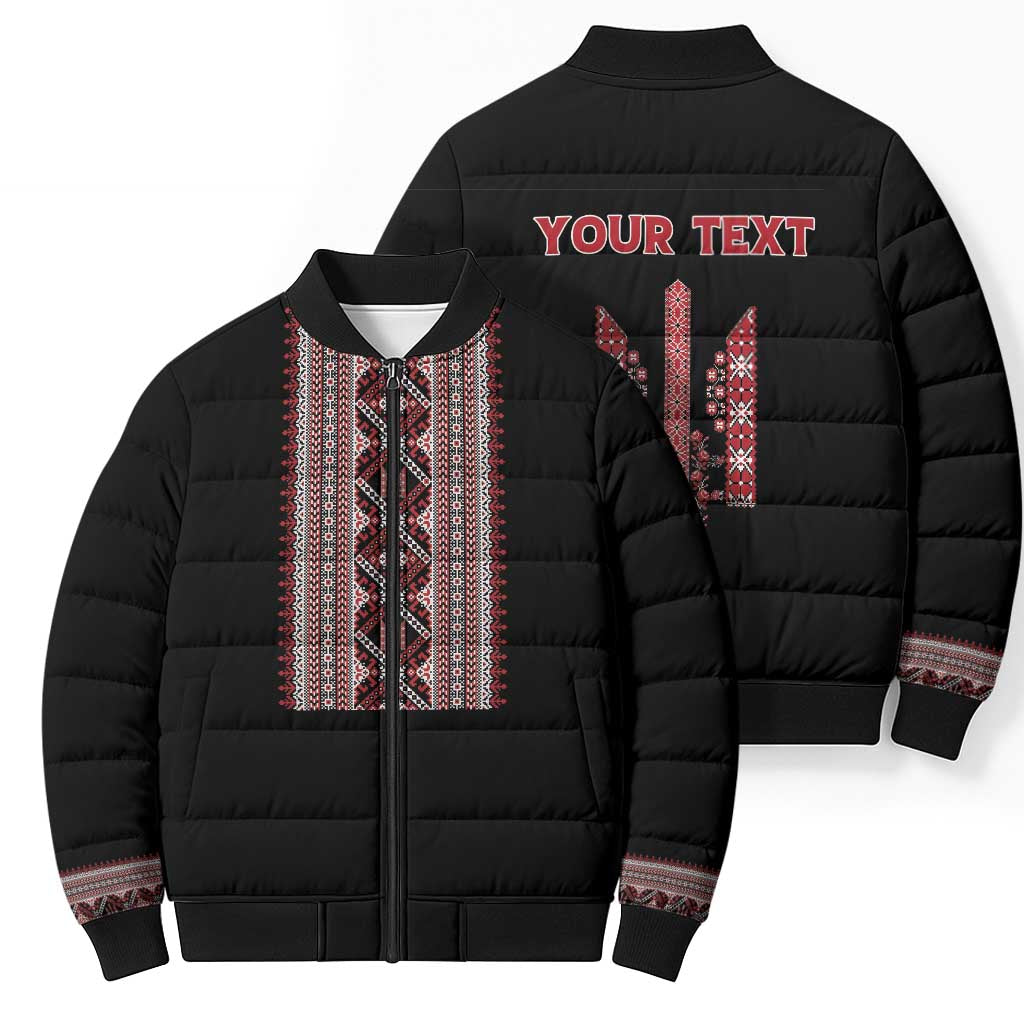 Personalized Ukrainian Trident Bomber Puffer Jacket Black Tryzub Vyshyvanka Pattern - Wonder Print Shop