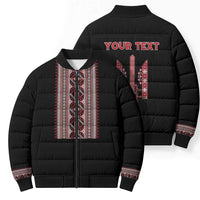 Personalized Ukrainian Trident Bomber Puffer Jacket Black Tryzub Vyshyvanka Pattern - Wonder Print Shop