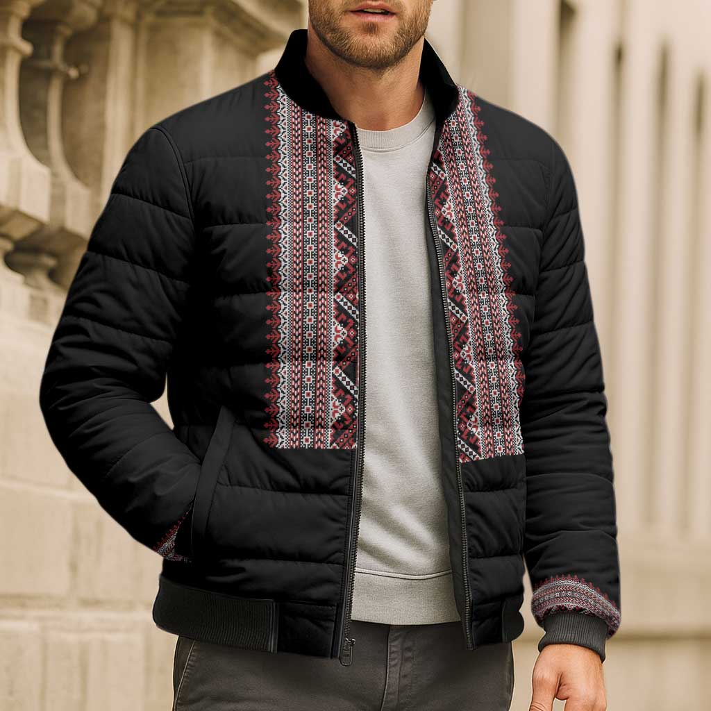 Personalized Ukrainian Trident Bomber Puffer Jacket Black Tryzub Vyshyvanka Pattern - Wonder Print Shop