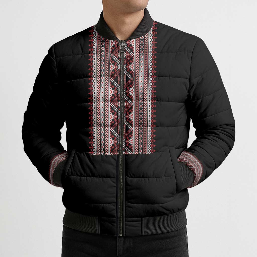 Personalized Ukrainian Trident Bomber Puffer Jacket Black Tryzub Vyshyvanka Pattern - Wonder Print Shop