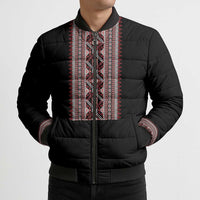 Personalized Ukrainian Trident Bomber Puffer Jacket Black Tryzub Vyshyvanka Pattern - Wonder Print Shop