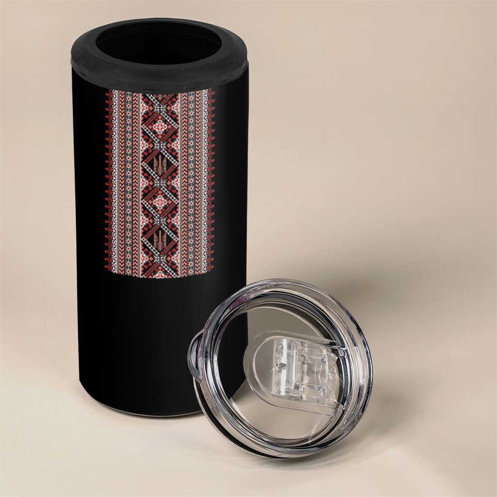 Ukrainian Trident 4 in 1 Can Cooler Tumbler Black Tryzub Vyshyvanka Pattern - Wonder Print Shop