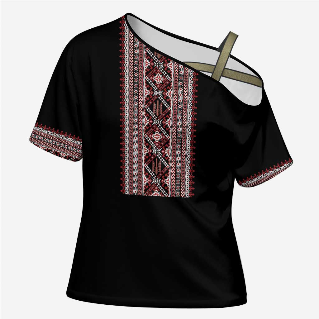 Personalized Ukrainian Trident Cross Shoulder Shirt Black Tryzub Vyshyvanka Pattern - Wonder Print Shop