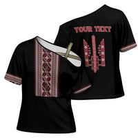 Personalized Ukrainian Trident Cross Shoulder Shirt Black Tryzub Vyshyvanka Pattern - Wonder Print Shop