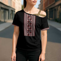 Personalized Ukrainian Trident Cross Shoulder Shirt Black Tryzub Vyshyvanka Pattern - Wonder Print Shop