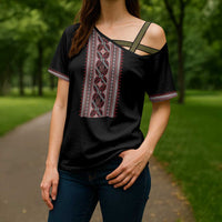 Personalized Ukrainian Trident Cross Shoulder Shirt Black Tryzub Vyshyvanka Pattern - Wonder Print Shop