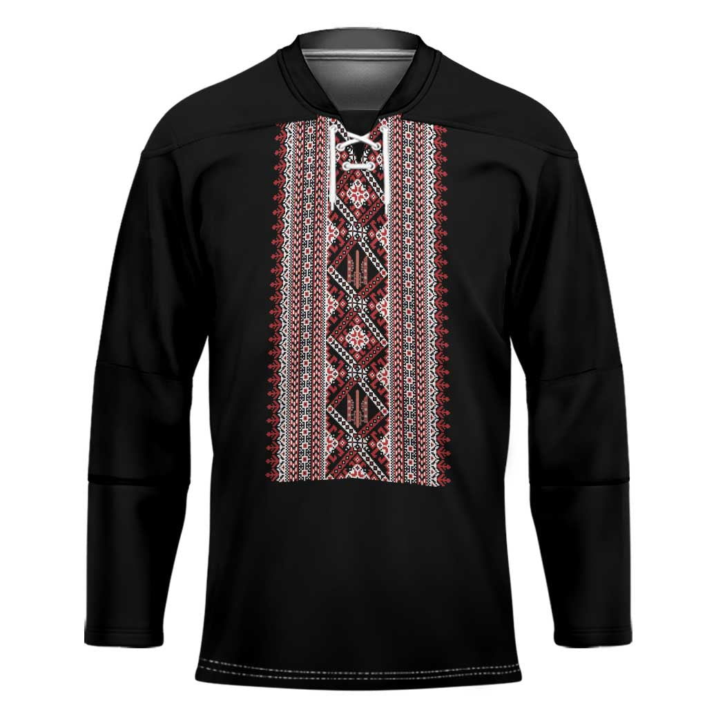 Personalized Ukrainian Trident Hockey Jersey Black Tryzub Vyshyvanka Pattern - Wonder Print Shop