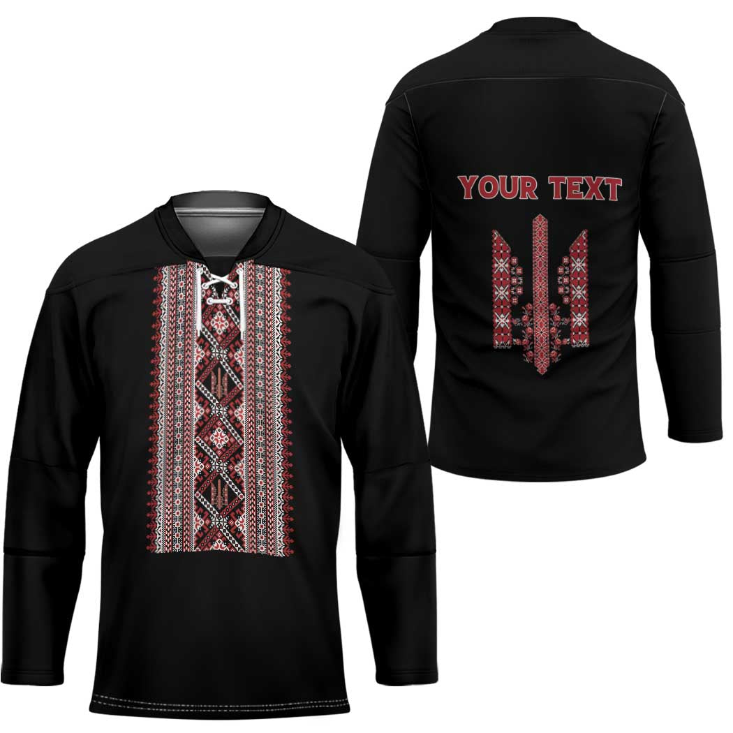 Personalized Ukrainian Trident Hockey Jersey Black Tryzub Vyshyvanka Pattern - Wonder Print Shop
