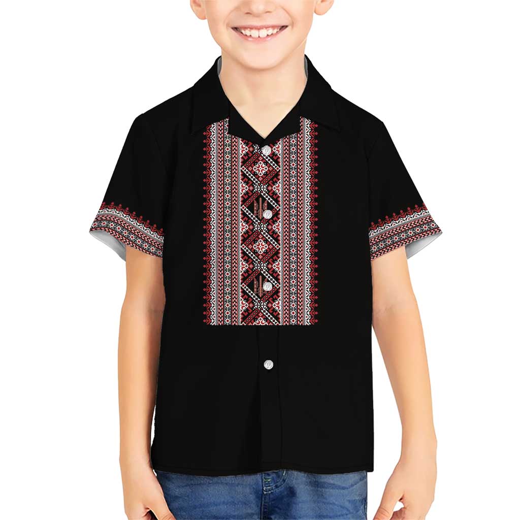 Personalized Ukrainian Trident Kid Hawaiian Shirt Black Tryzub Vyshyvanka Pattern - Wonder Print Shop