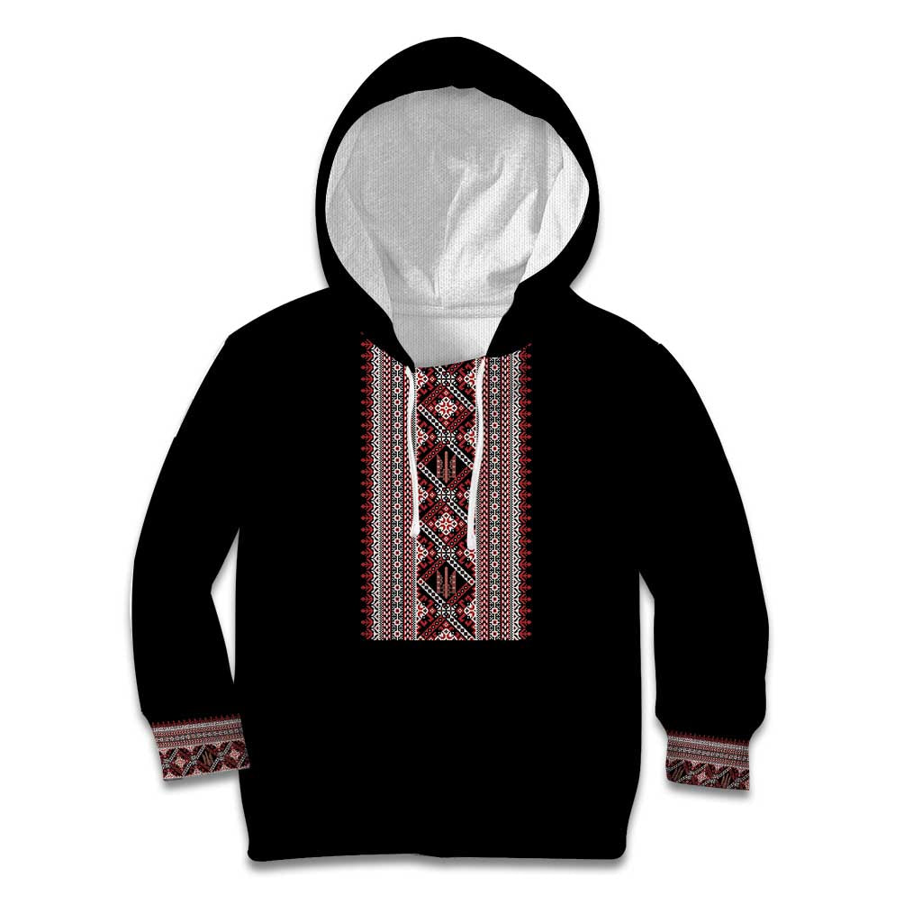 Personalized Ukrainian Trident Kid Hoodie Black Tryzub Vyshyvanka Pattern - Wonder Print Shop