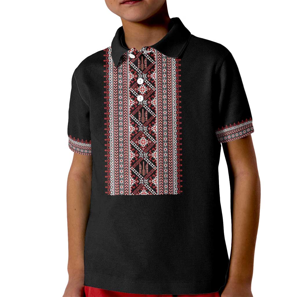 Personalized Ukrainian Trident Kid Polo Shirt Black Tryzub Vyshyvanka Pattern - Wonder Print Shop