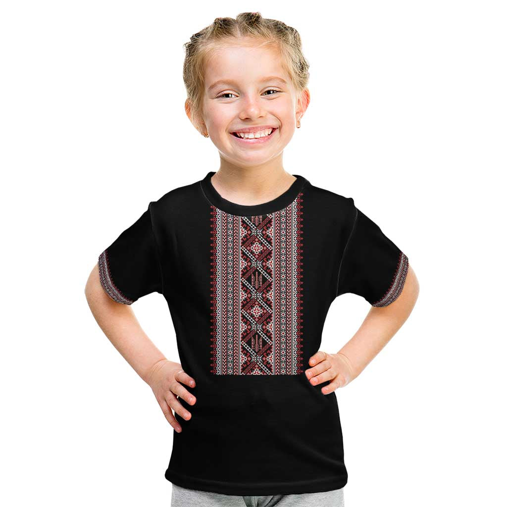 Personalized Ukrainian Trident Kid T Shirt Black Tryzub Vyshyvanka Pattern - Wonder Print Shop