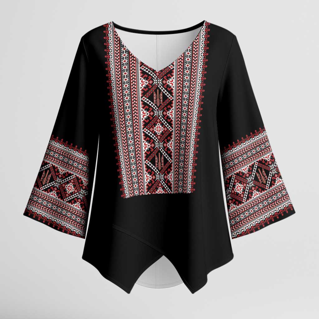 Personalized Ukrainian Trident Kimono Sleeve Blouse Black Tryzub Vyshyvanka Pattern - Wonder Print Shop