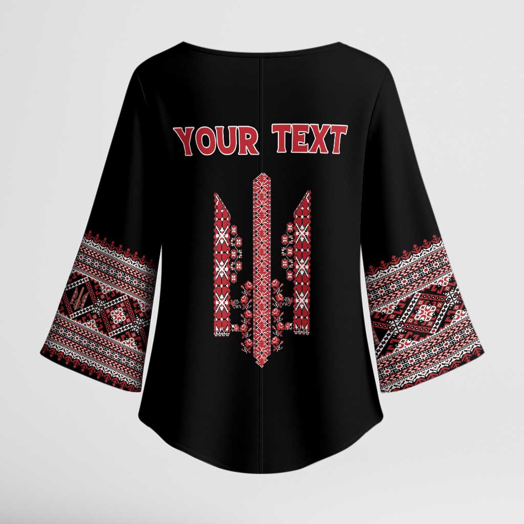 Personalized Ukrainian Trident Kimono Sleeve Blouse Black Tryzub Vyshyvanka Pattern - Wonder Print Shop