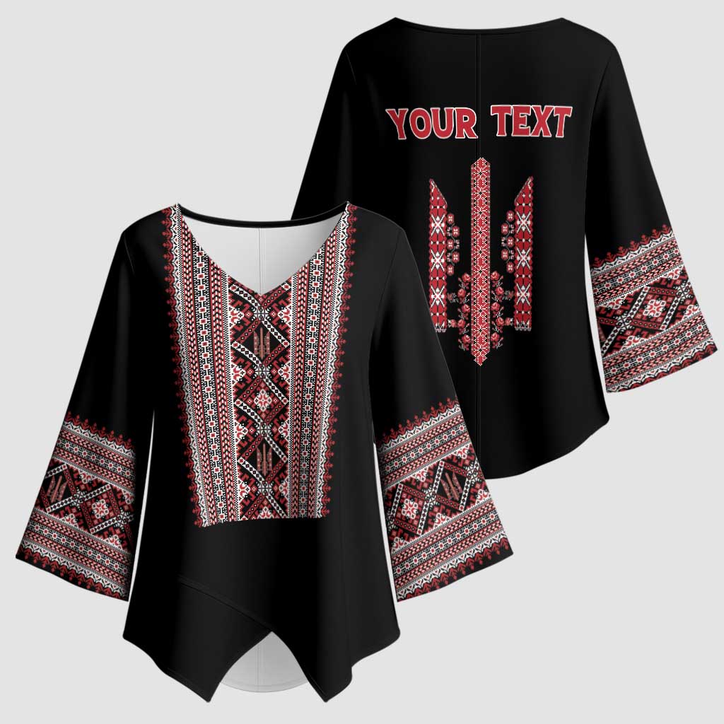 Personalized Ukrainian Trident Kimono Sleeve Blouse Black Tryzub Vyshyvanka Pattern - Wonder Print Shop
