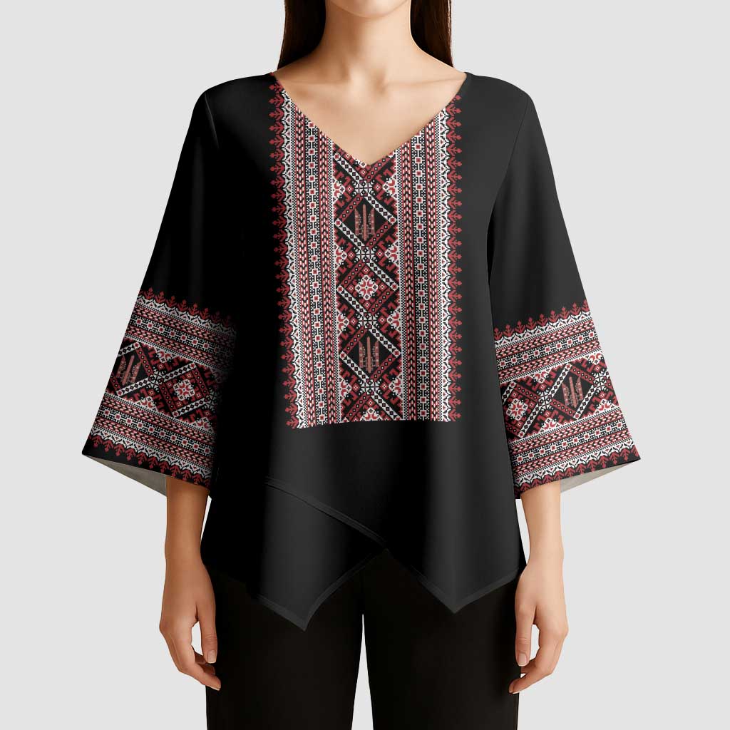 Personalized Ukrainian Trident Kimono Sleeve Blouse Black Tryzub Vyshyvanka Pattern - Wonder Print Shop