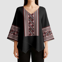 Personalized Ukrainian Trident Kimono Sleeve Blouse Black Tryzub Vyshyvanka Pattern - Wonder Print Shop