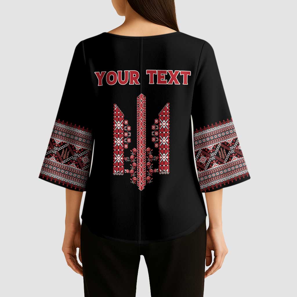 Personalized Ukrainian Trident Kimono Sleeve Blouse Black Tryzub Vyshyvanka Pattern - Wonder Print Shop