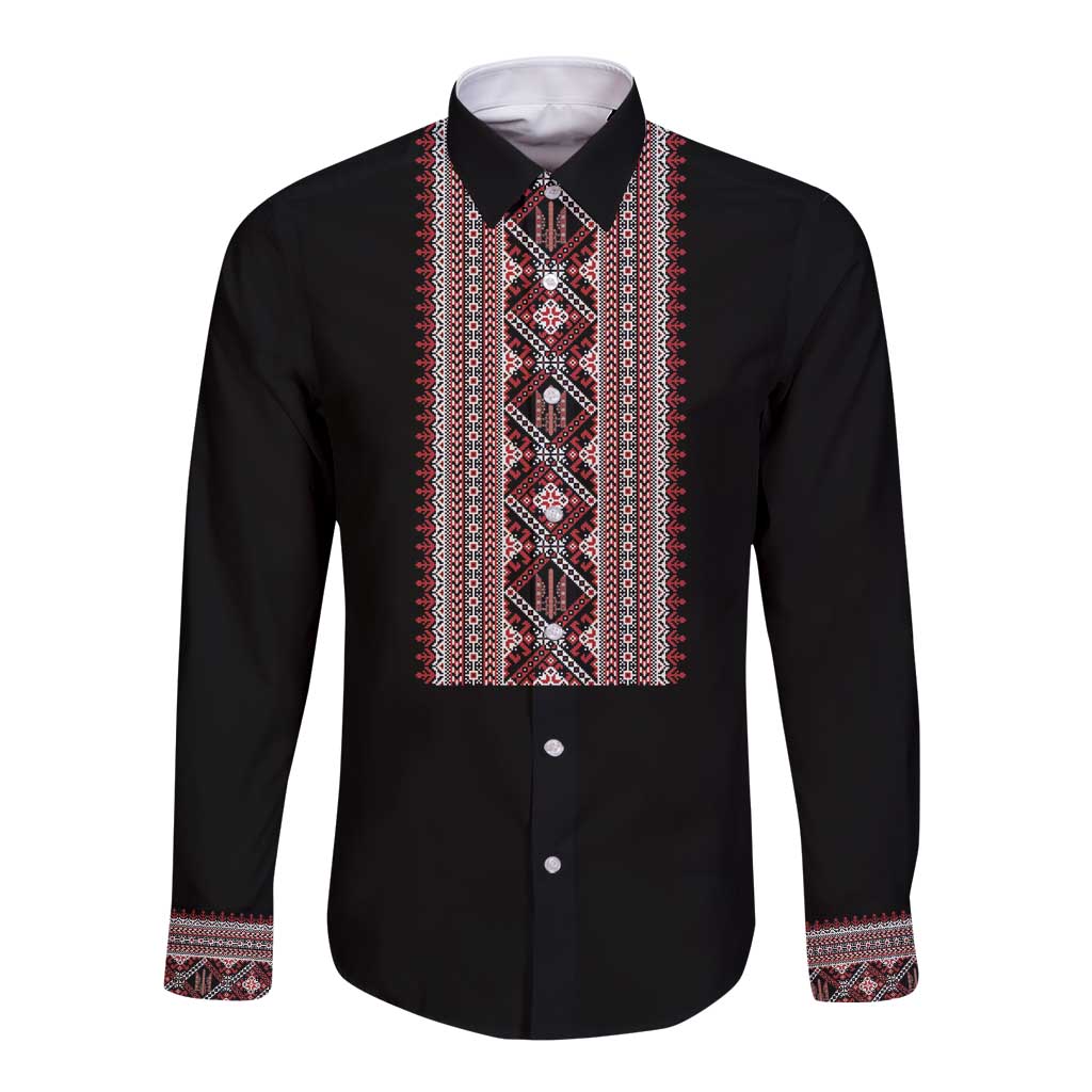 Personalized Ukrainian Trident Long Sleeve Button Shirt Black Tryzub Vyshyvanka Pattern - Wonder Print Shop