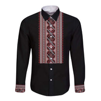Personalized Ukrainian Trident Long Sleeve Button Shirt Black Tryzub Vyshyvanka Pattern - Wonder Print Shop