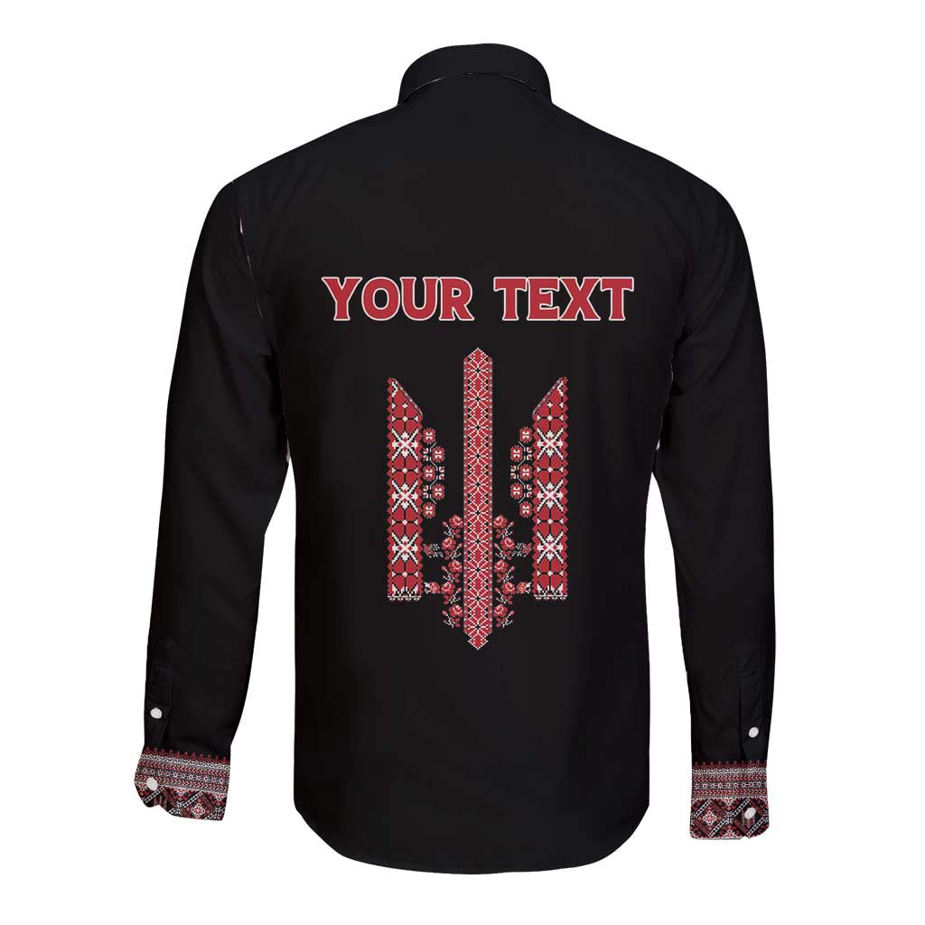 Personalized Ukrainian Trident Long Sleeve Button Shirt Black Tryzub Vyshyvanka Pattern - Wonder Print Shop