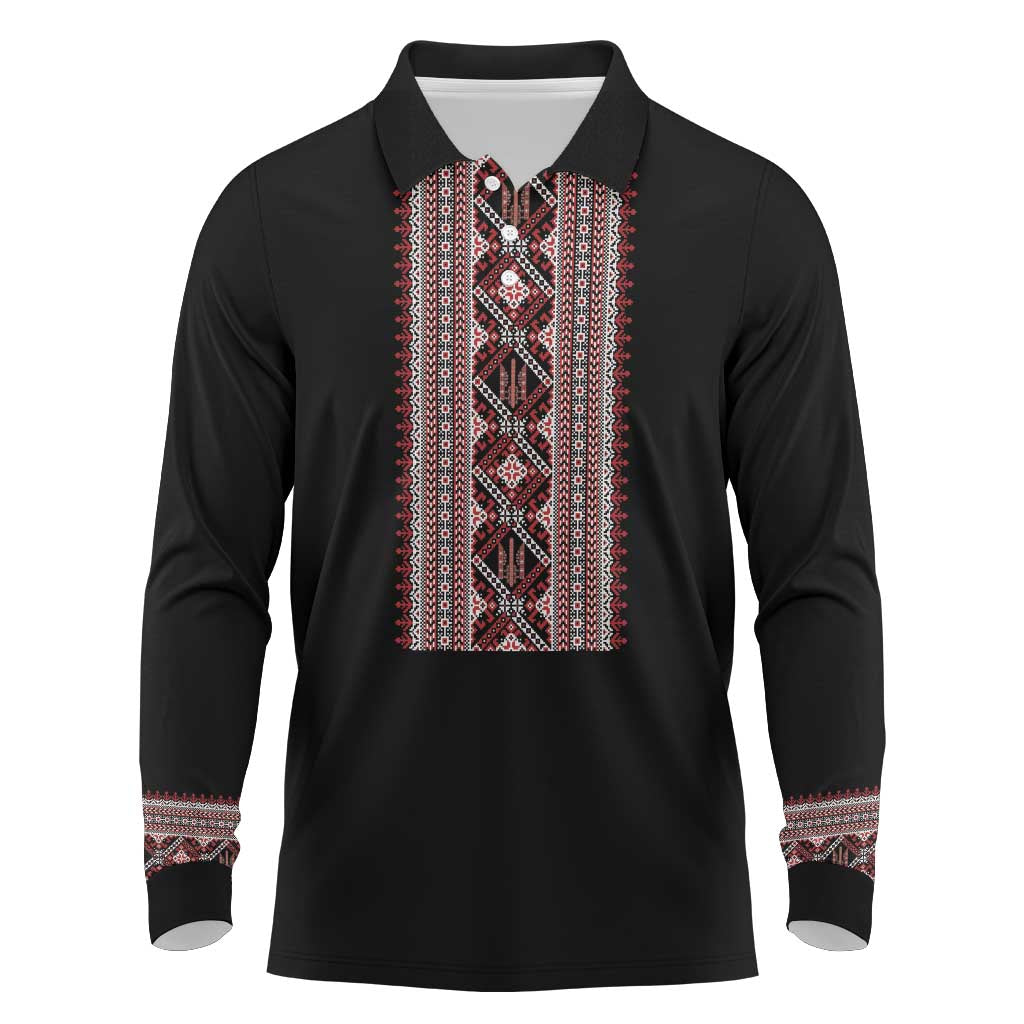 Personalized Ukrainian Trident Long Sleeve Polo Shirt Black Tryzub Vyshyvanka Pattern - Wonder Print Shop