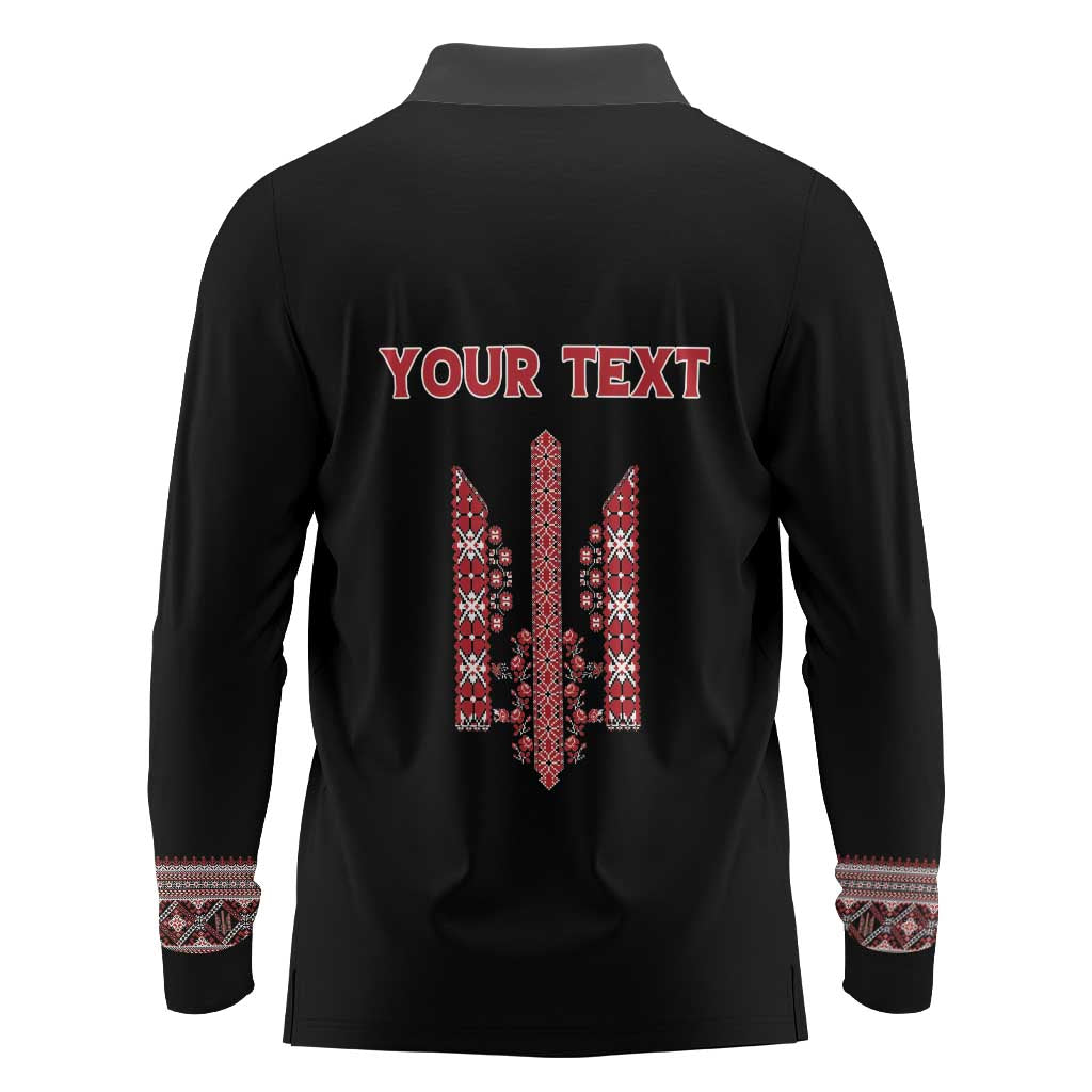 Personalized Ukrainian Trident Long Sleeve Polo Shirt Black Tryzub Vyshyvanka Pattern - Wonder Print Shop