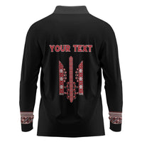 Personalized Ukrainian Trident Long Sleeve Polo Shirt Black Tryzub Vyshyvanka Pattern - Wonder Print Shop