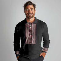 Personalized Ukrainian Trident Long Sleeve Polo Shirt Black Tryzub Vyshyvanka Pattern - Wonder Print Shop