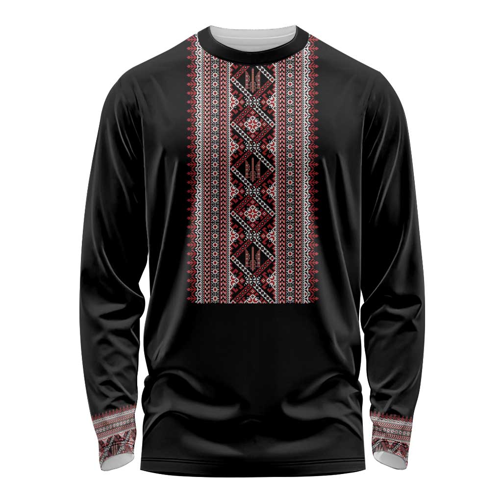 Personalized Ukrainian Trident Long Sleeve Shirt Black Tryzub Vyshyvanka Pattern - Wonder Print Shop
