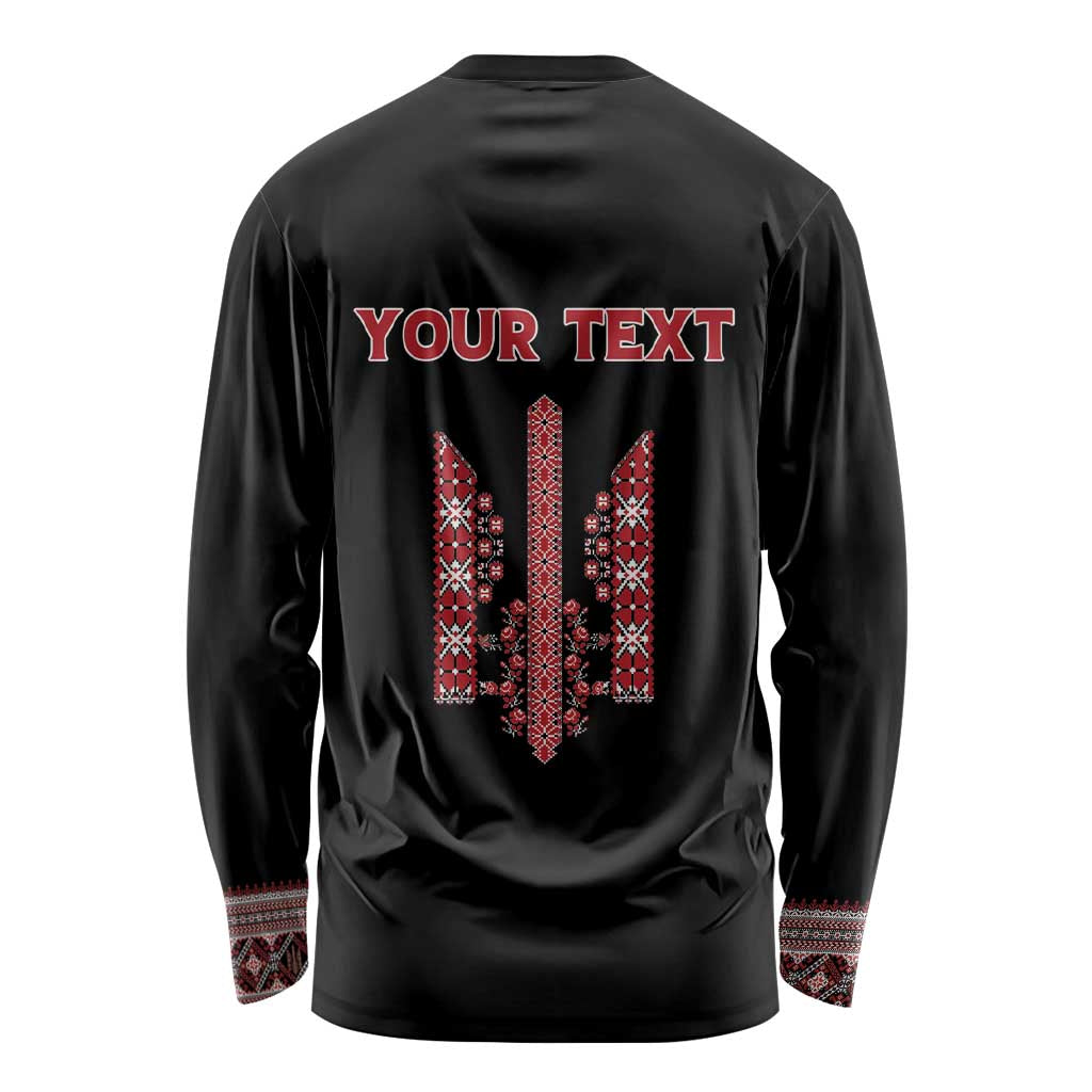 Personalized Ukrainian Trident Long Sleeve Shirt Black Tryzub Vyshyvanka Pattern - Wonder Print Shop