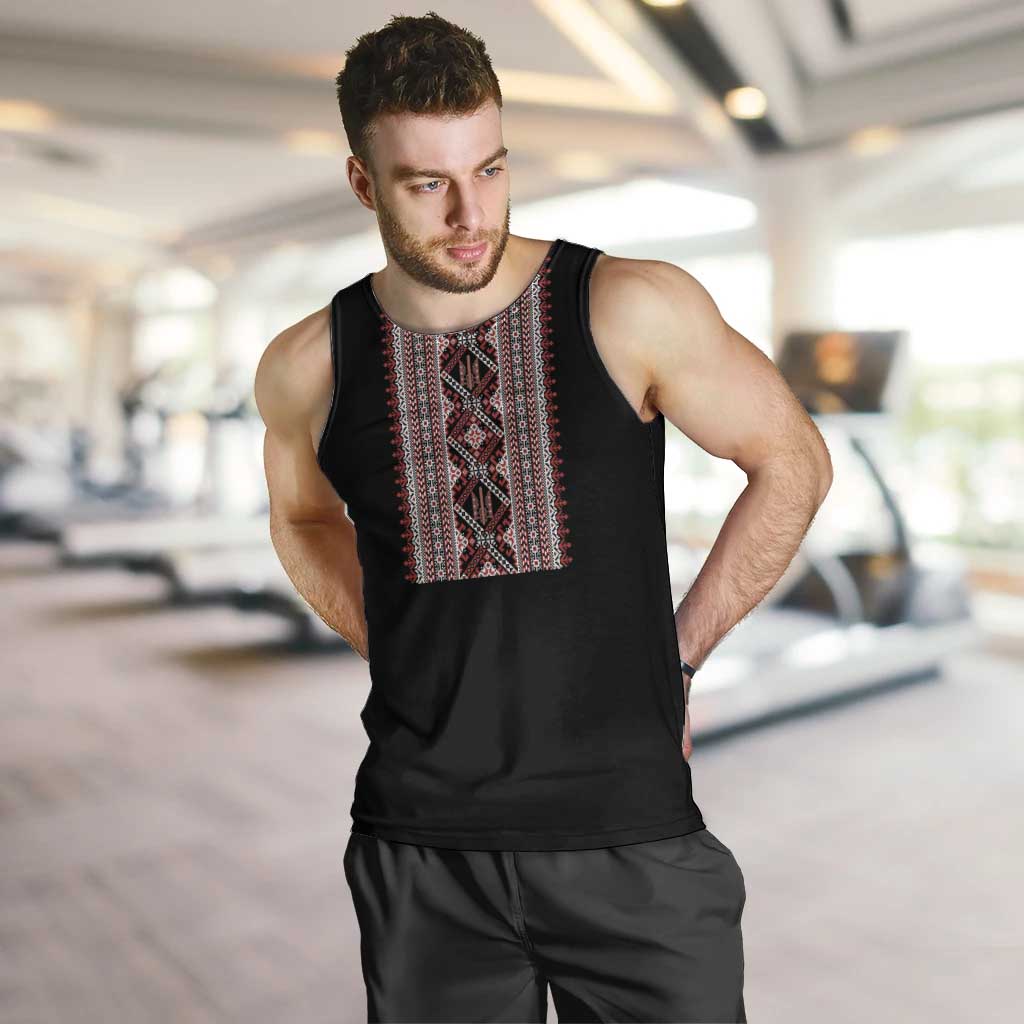Personalized Ukrainian Trident Men Tank Top Black Tryzub Vyshyvanka Pattern - Wonder Print Shop