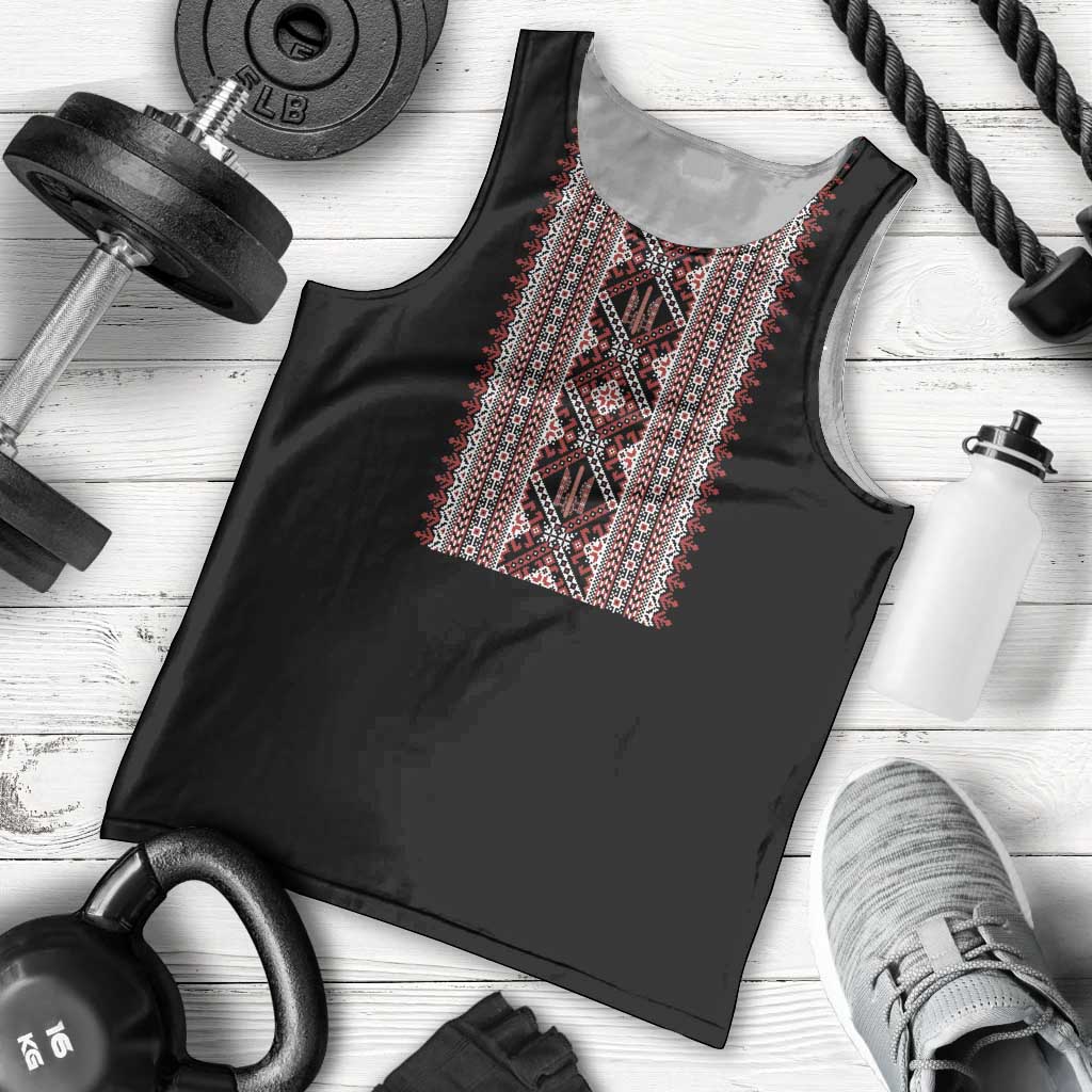 Personalized Ukrainian Trident Men Tank Top Black Tryzub Vyshyvanka Pattern - Wonder Print Shop