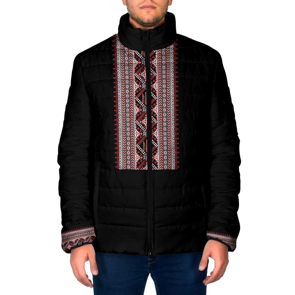 Personalized Ukrainian Trident Padded Jacket Black Tryzub Vyshyvanka Pattern - Wonder Print Shop
