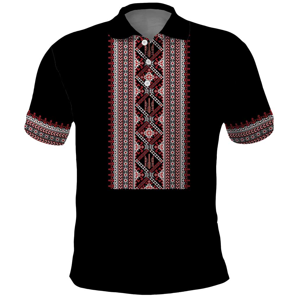 Personalized Ukrainian Trident Polo Shirt Black Tryzub Vyshyvanka Pattern - Wonder Print Shop