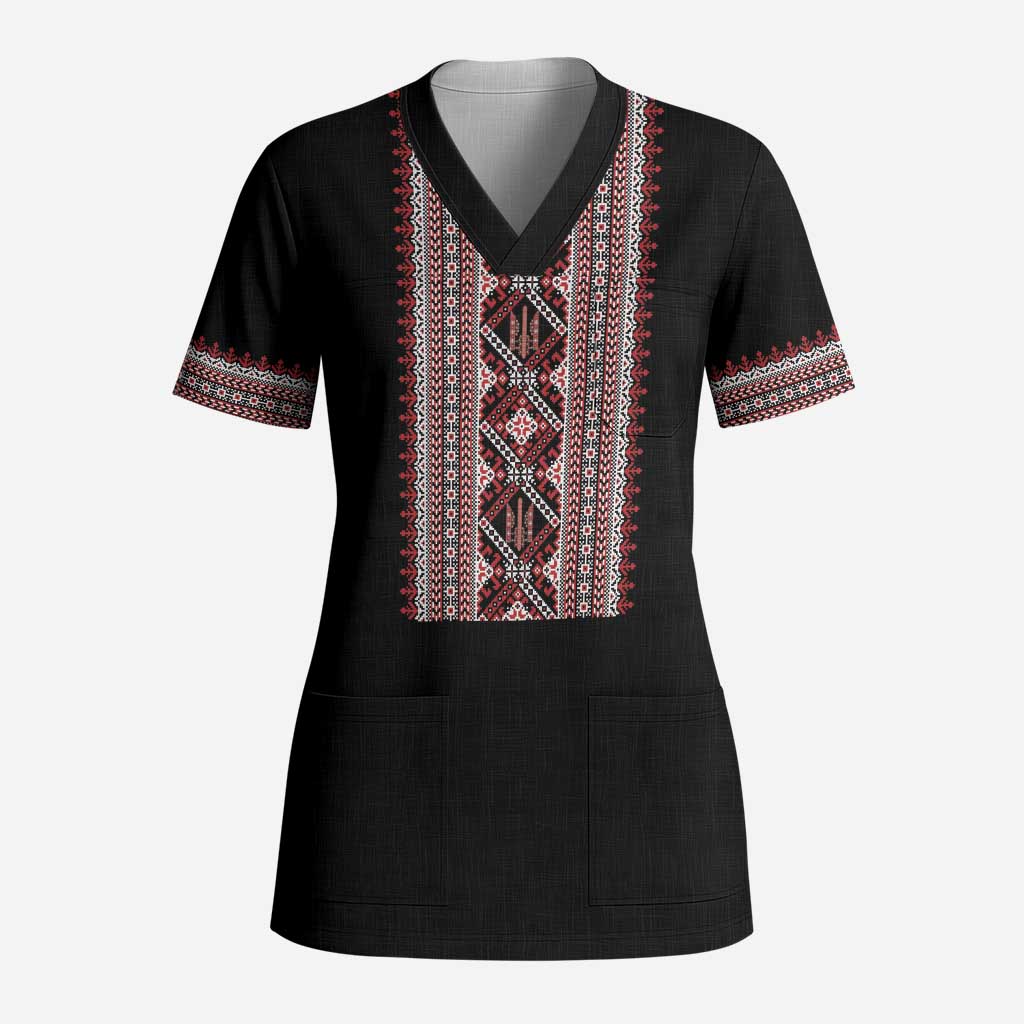 Personalized Ukrainian Trident Scrub Top Black Tryzub Vyshyvanka Pattern - Wonder Print Shop