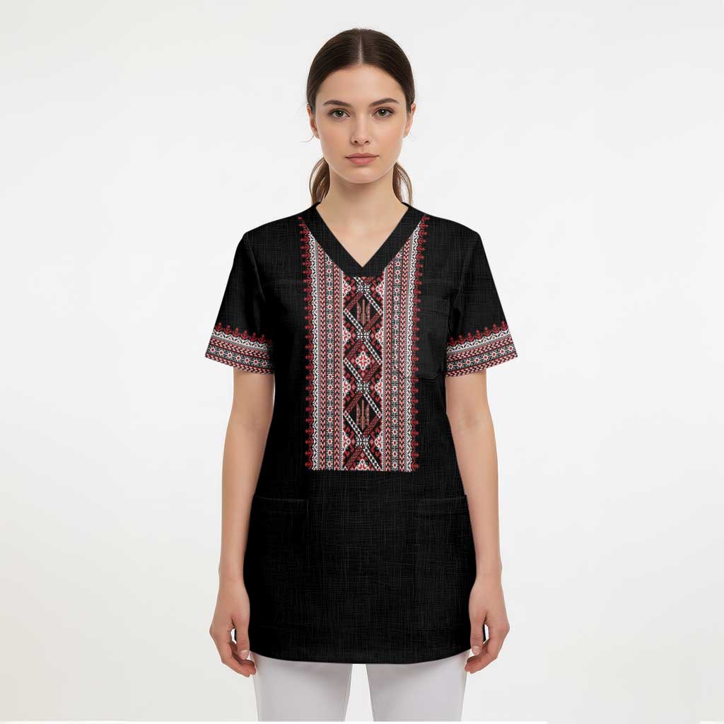 Personalized Ukrainian Trident Scrub Top Black Tryzub Vyshyvanka Pattern - Wonder Print Shop