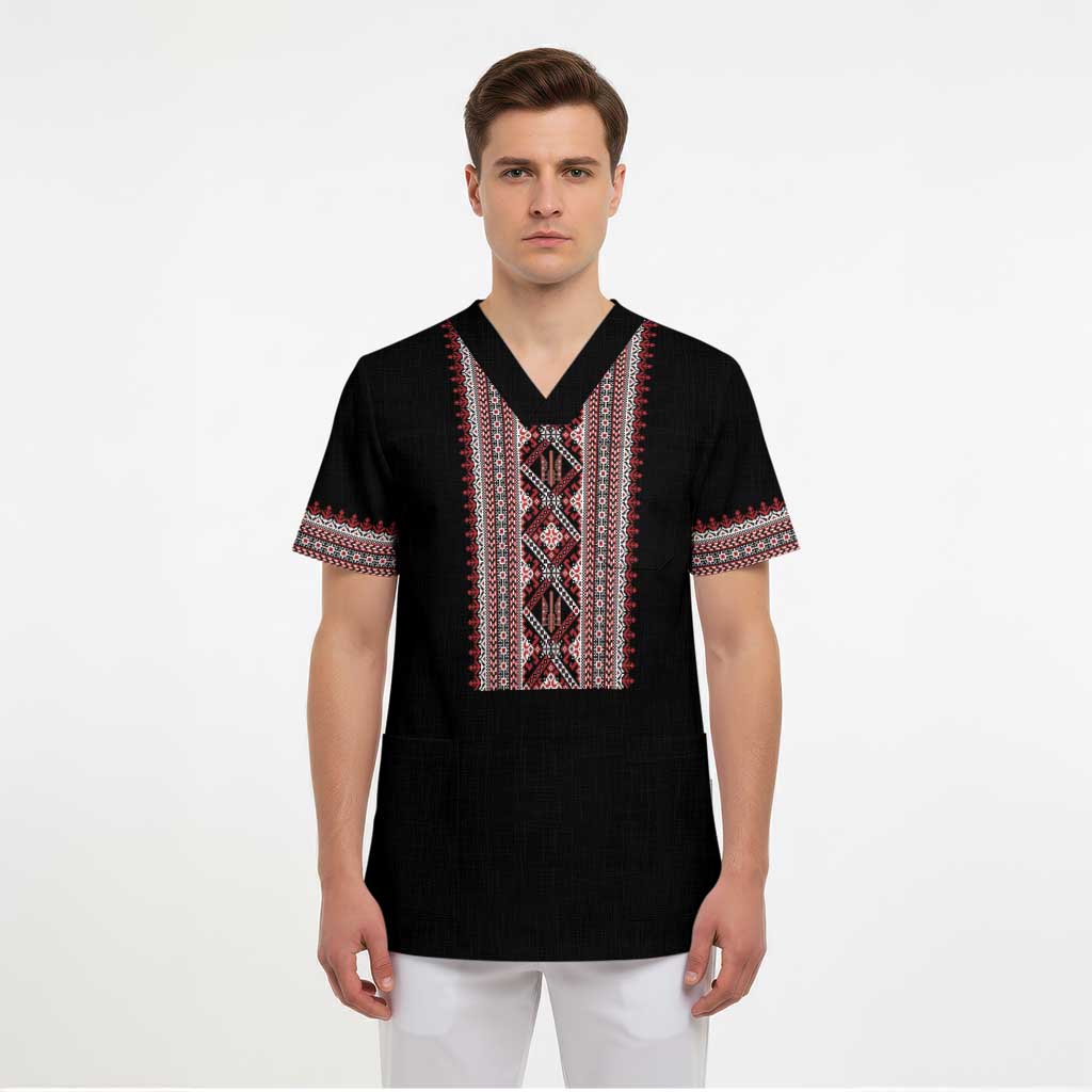 Personalized Ukrainian Trident Scrub Top Black Tryzub Vyshyvanka Pattern - Wonder Print Shop