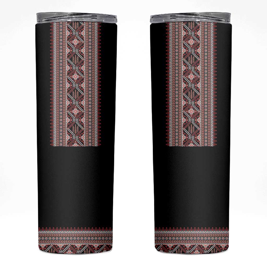 Ukrainian Trident Skinny Tumbler Black Tryzub Vyshyvanka Pattern - Wonder Print Shop