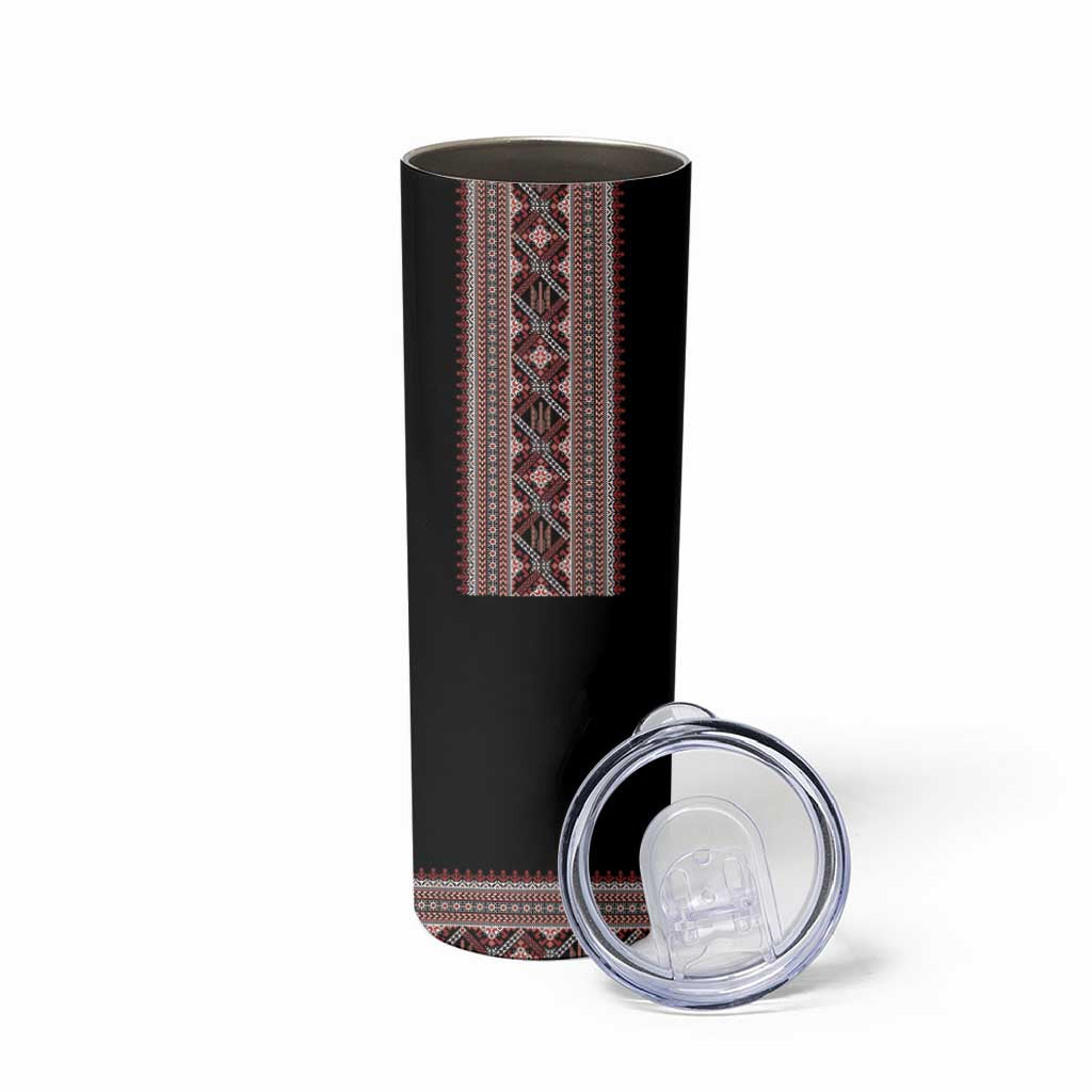Ukrainian Trident Skinny Tumbler Black Tryzub Vyshyvanka Pattern - Wonder Print Shop