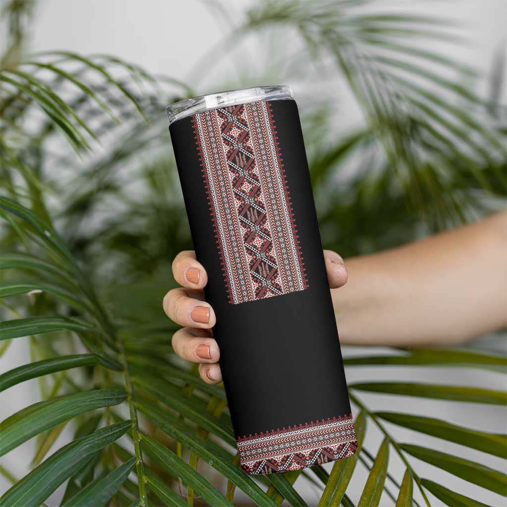 Ukrainian Trident Skinny Tumbler Black Tryzub Vyshyvanka Pattern - Wonder Print Shop