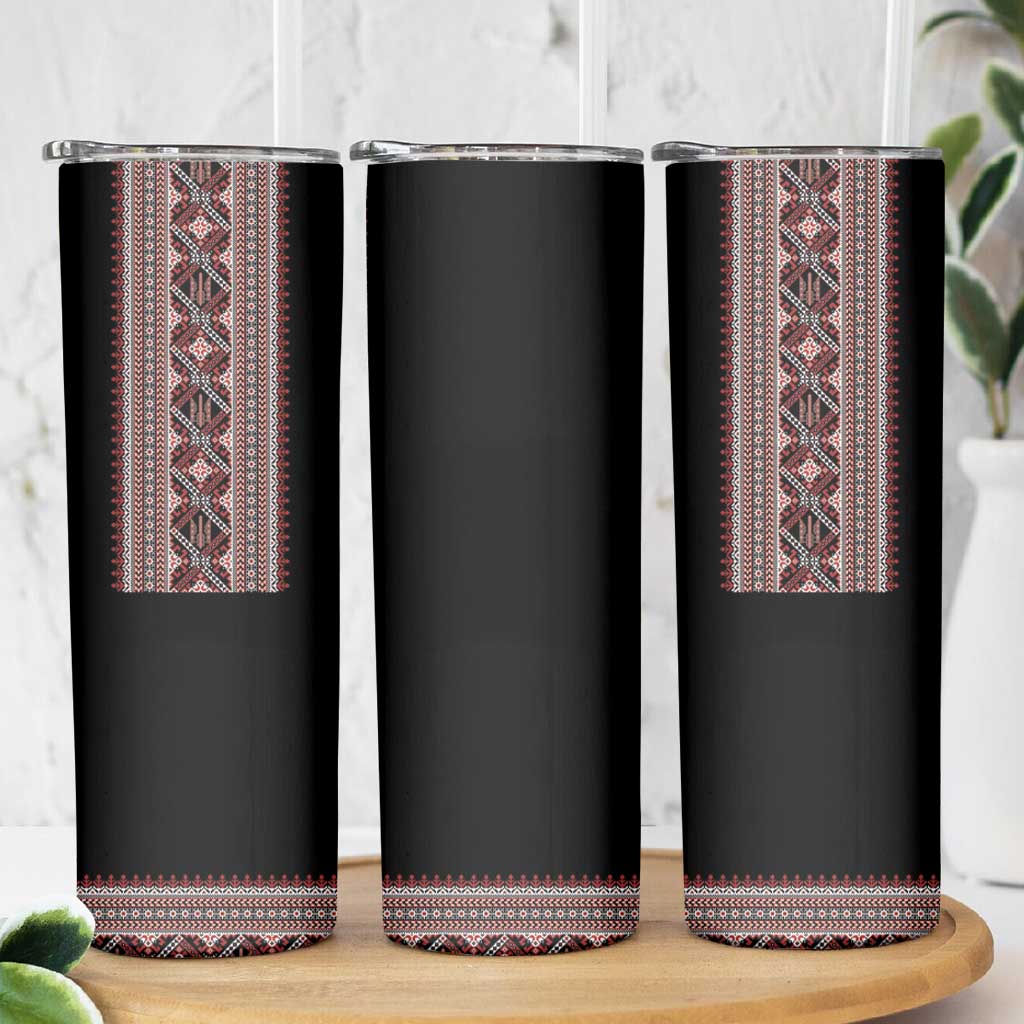 Ukrainian Trident Skinny Tumbler Black Tryzub Vyshyvanka Pattern - Wonder Print Shop