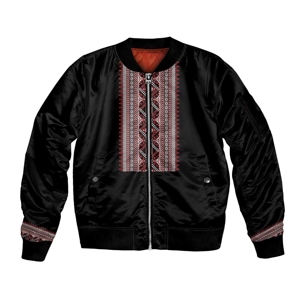 Personalized Ukrainian Trident Sleeve Zip Bomber Jacket Black Tryzub Vyshyvanka Pattern - Wonder Print Shop