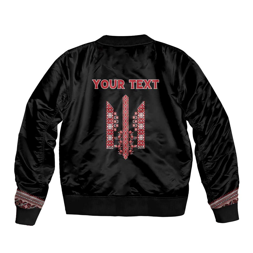Personalized Ukrainian Trident Sleeve Zip Bomber Jacket Black Tryzub Vyshyvanka Pattern - Wonder Print Shop