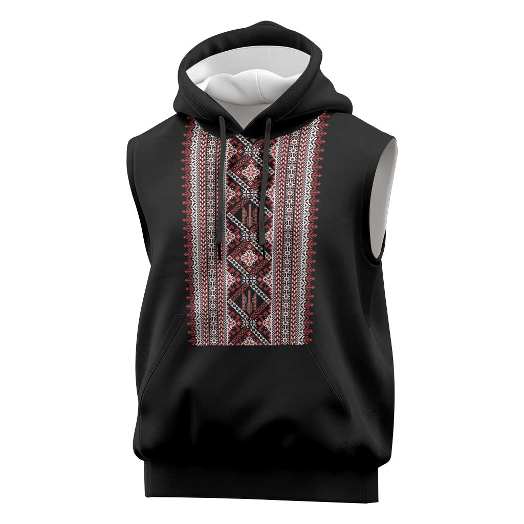 Personalized Ukrainian Trident Sleeveless Hoodie Black Tryzub Vyshyvanka Pattern - Wonder Print Shop