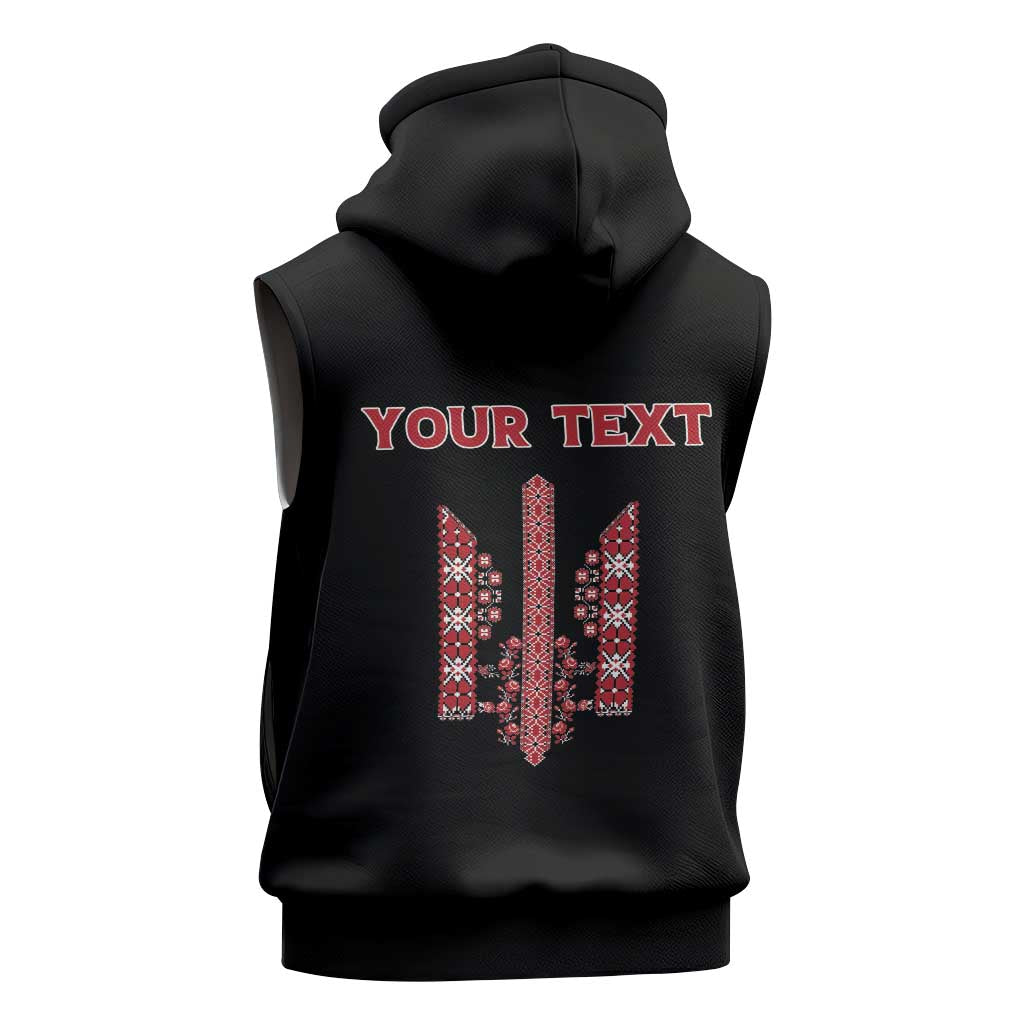 Personalized Ukrainian Trident Sleeveless Hoodie Black Tryzub Vyshyvanka Pattern - Wonder Print Shop