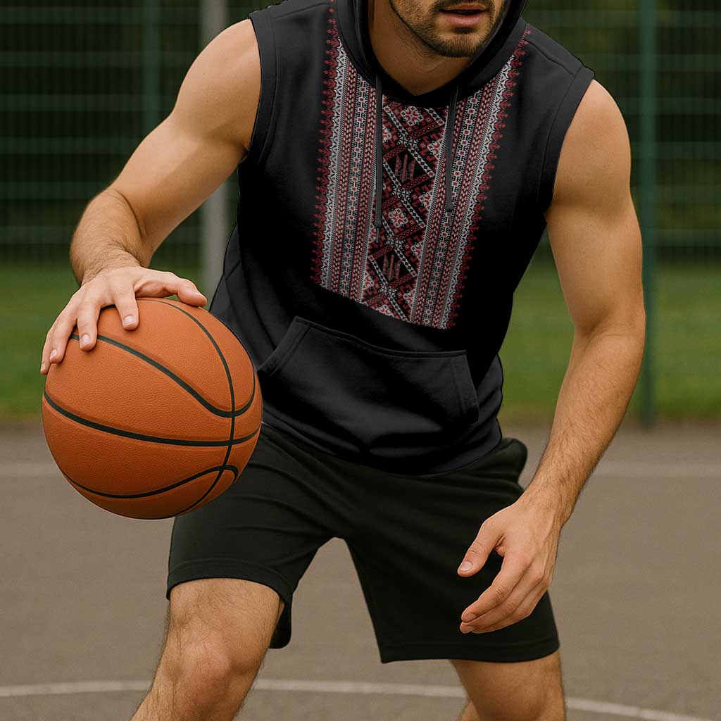 Personalized Ukrainian Trident Sleeveless Hoodie Black Tryzub Vyshyvanka Pattern - Wonder Print Shop