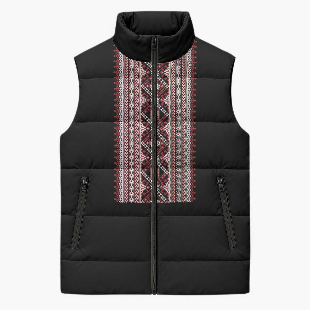 Personalized Ukrainian Trident Sleeveless Puffer Jacket Black Tryzub Vyshyvanka Pattern - Wonder Print Shop