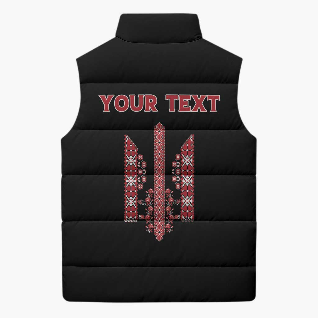 Personalized Ukrainian Trident Sleeveless Puffer Jacket Black Tryzub Vyshyvanka Pattern - Wonder Print Shop